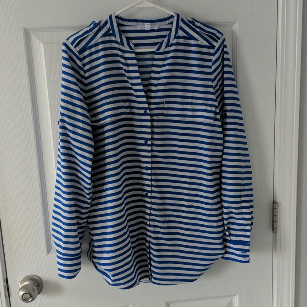 Blue and white striped button front too